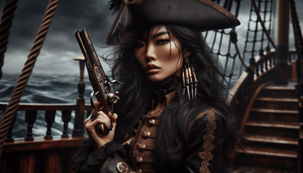 A dramatic and highly detailed portrait of a fearsome Female pirate. The pirate has a long, dark hair with slow-burning fuses woven into it, emitting wisps of smoke. His intense, weathered face is framed by a black tricorn hat adorned with a feather. She is dressed in elaborate 18th-century pirate attire, complete with gold buttons, dark leather, and a richly detailed flintlock pistol in his hand. The background features a stormy sky and the deck of a pirate ship with ropes and lanterns, enhancing the ominous atmosphere. The style is cinematic and hyper-realistic, with attention to texture, lighting, and a dark, moody color palette.