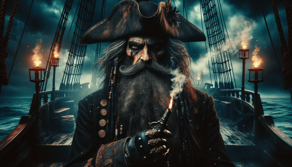 A dramatic and highly detailed portrait of a fearsome pirate inspired by the legendary Blackbeard. The pirate has a long, dark beard with slow-burning fuses woven into it, emitting wisps of smoke. His intense, weathered face is framed by a black tricorn hat adorned with a feather. He is dressed in elaborate 18th-century pirate attire, complete with gold buttons, dark leather, and a richly detailed flintlock pistol in his hand. The background features a stormy sky and the deck of a pirate ship with ropes and lanterns, enhancing the ominous atmosphere. The style is cinematic and hyper-realistic, with attention to texture, lighting, and a dark, moody color palette.\